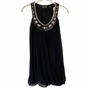 Hannah Jo Sleeveless Flowy Top Embellished 100% Silk Black Size Small
